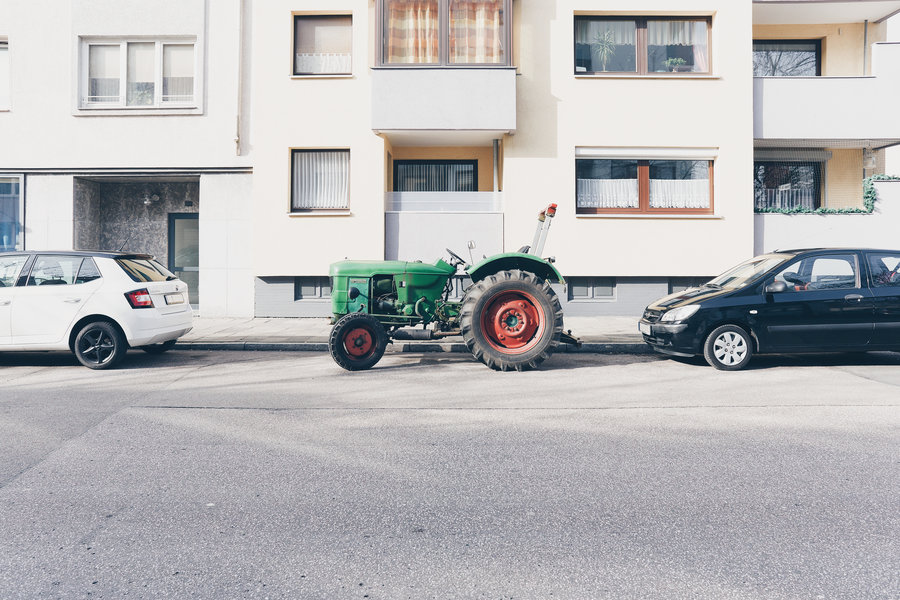 Tractor in a parking lot