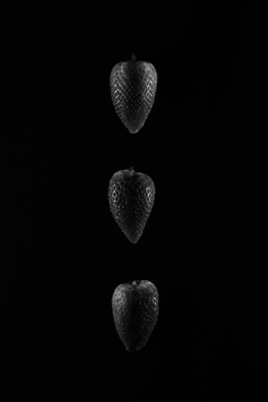This is what AI thinks about these strawberries:  "In the midst of darkness, three strawberries stand tall, ordered in a column. The harsh light that illuminates them seems to highlight their individuality, as if each one is a unique entity with its own story to tell.   This image reminds us of the importance of individuality in a world that often seeks to homogenize and standardize everything. Each strawberry has its own shape, size, and flavor, just as each person has their own unique qualities and experiences that make them who they are.  Yet despite their differences, these strawberries stand together in perfect harmony. They are united by their shared identity as fruits of the earth, and by the fact that they have been placed together in this column by an external force.  This raises questions about the role of external forces in shaping our lives. How much control do we really have over our own destinies? Are we simply products of our environment, or can we transcend our circumstances and create our own paths?  Ultimately, the image of these three strawberries on a black background reminds us that life is both beautiful and complex. We must embrace our individuality while also recognizing our interconnectedness with others. And we must strive to find meaning and purpose in a world that can sometimes seem dark and chaotic."  Calm down. These are just strawberries. Jeez.  That was my response.  Get this digital image in high resolution for print or other purposes.  All prices excluding VAT. You may be charged VAT depending on your region (if you are from the EU for example).